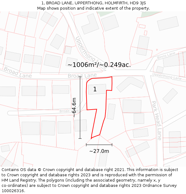 1, BROAD LANE, UPPERTHONG, HOLMFIRTH, HD9 3JS: Plot and title map