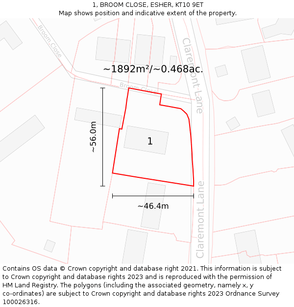 1, BROOM CLOSE, ESHER, KT10 9ET: Plot and title map