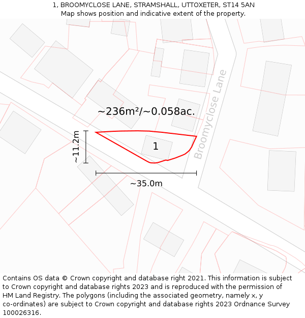 1, BROOMYCLOSE LANE, STRAMSHALL, UTTOXETER, ST14 5AN: Plot and title map