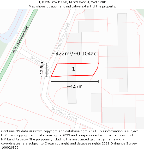 1, BRYNLOW DRIVE, MIDDLEWICH, CW10 0PD: Plot and title map