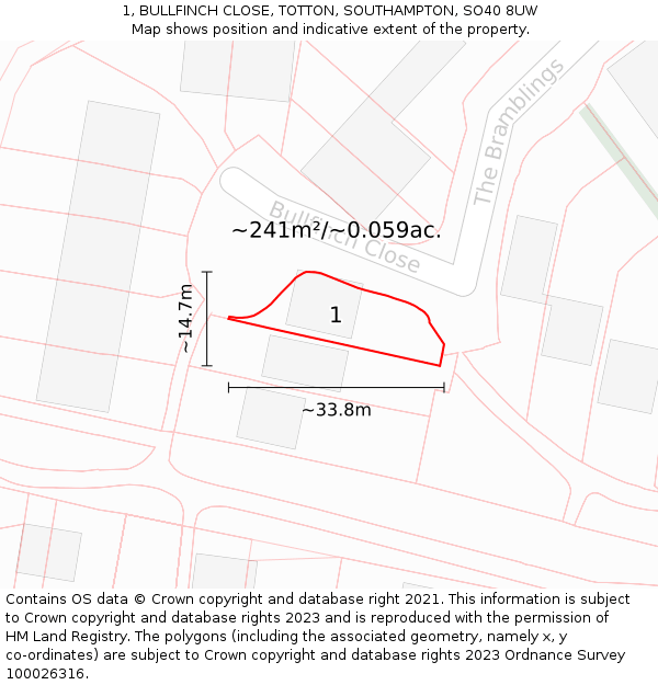 1, BULLFINCH CLOSE, TOTTON, SOUTHAMPTON, SO40 8UW: Plot and title map