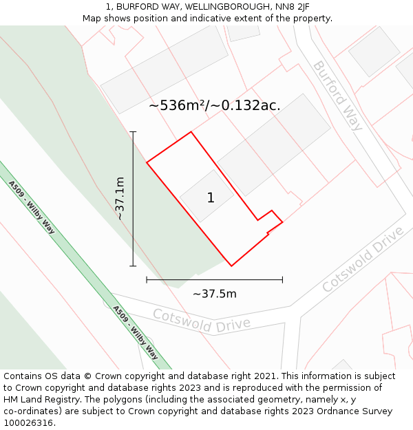 1, BURFORD WAY, WELLINGBOROUGH, NN8 2JF: Plot and title map