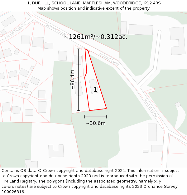 1, BURHILL, SCHOOL LANE, MARTLESHAM, WOODBRIDGE, IP12 4RS: Plot and title map