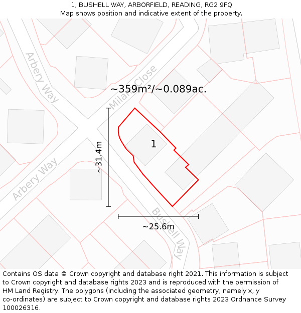 1, BUSHELL WAY, ARBORFIELD, READING, RG2 9FQ: Plot and title map