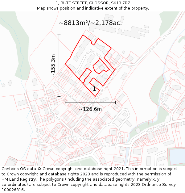 1, BUTE STREET, GLOSSOP, SK13 7PZ: Plot and title map