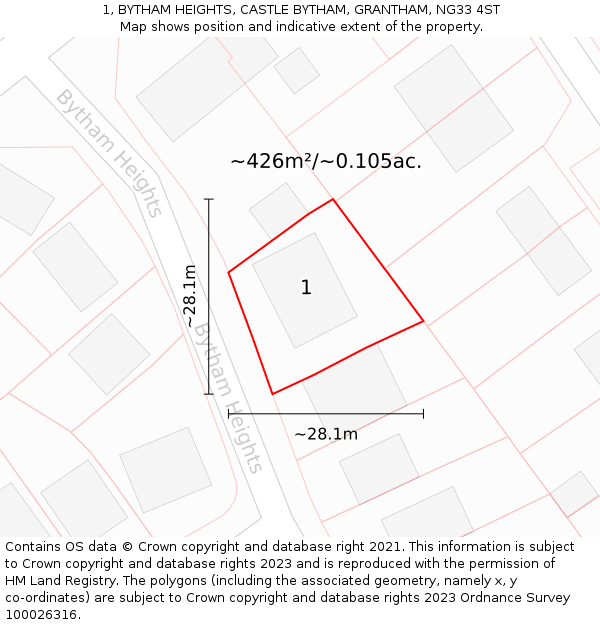 1, BYTHAM HEIGHTS, CASTLE BYTHAM, GRANTHAM, NG33 4ST: Plot and title map