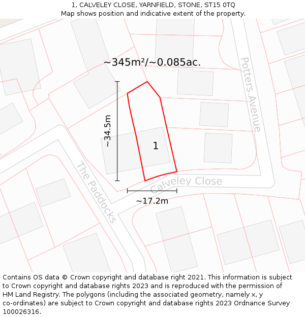 1, CALVELEY CLOSE, YARNFIELD, STONE, ST15 0TQ: Plot and title map