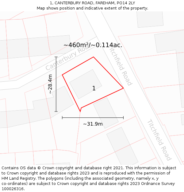 1, CANTERBURY ROAD, FAREHAM, PO14 2LY: Plot and title map