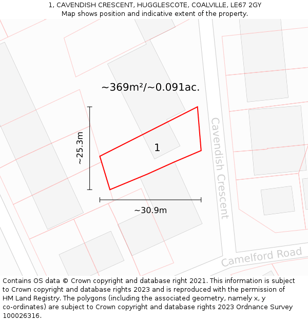 1, CAVENDISH CRESCENT, HUGGLESCOTE, COALVILLE, LE67 2GY: Plot and title map