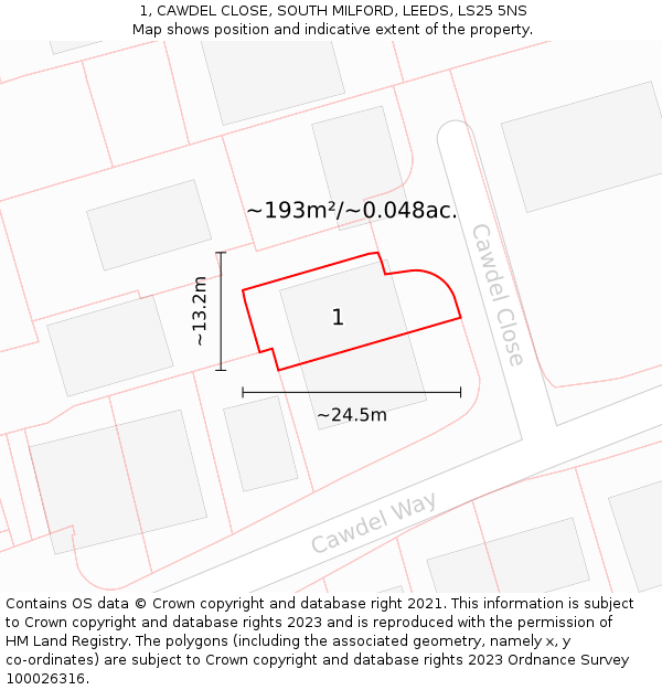 1, CAWDEL CLOSE, SOUTH MILFORD, LEEDS, LS25 5NS: Plot and title map