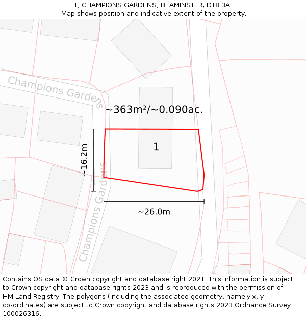 1, CHAMPIONS GARDENS, BEAMINSTER, DT8 3AL: Plot and title map