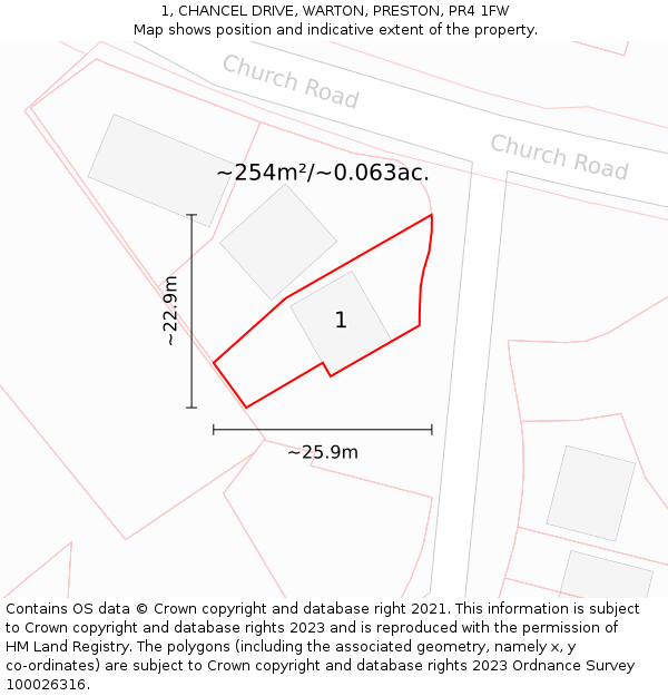 1, CHANCEL DRIVE, WARTON, PRESTON, PR4 1FW: Plot and title map