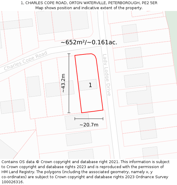 1, CHARLES COPE ROAD, ORTON WATERVILLE, PETERBOROUGH, PE2 5ER: Plot and title map