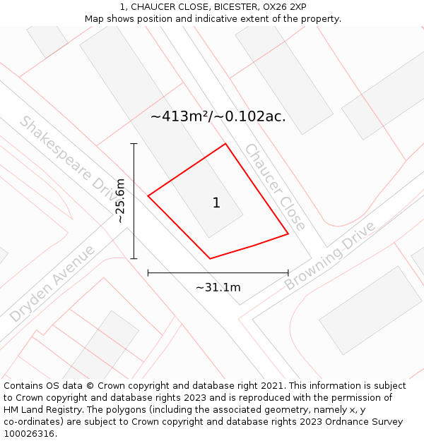 1, CHAUCER CLOSE, BICESTER, OX26 2XP: Plot and title map