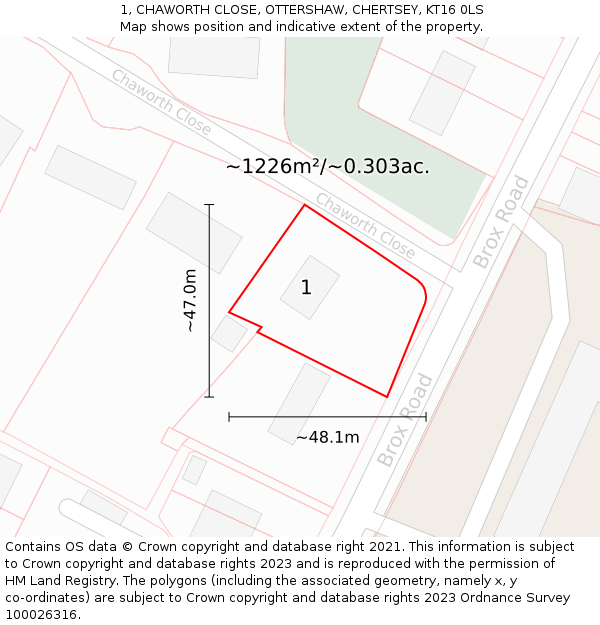 1, CHAWORTH CLOSE, OTTERSHAW, CHERTSEY, KT16 0LS: Plot and title map