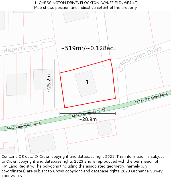 1, CHESSINGTON DRIVE, FLOCKTON, WAKEFIELD, WF4 4TJ: Plot and title map