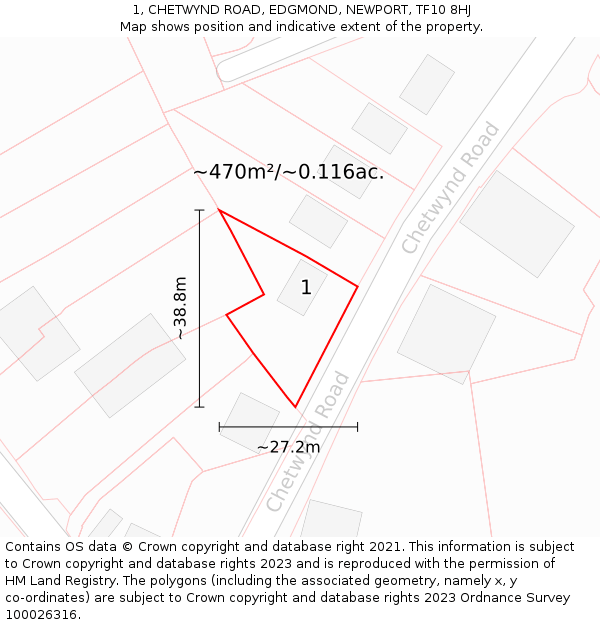 1, CHETWYND ROAD, EDGMOND, NEWPORT, TF10 8HJ: Plot and title map