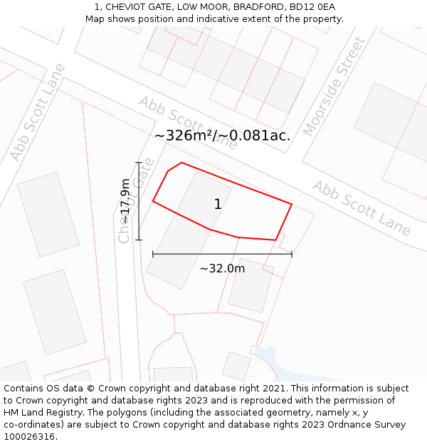 1, CHEVIOT GATE, LOW MOOR, BRADFORD, BD12 0EA: Plot and title map