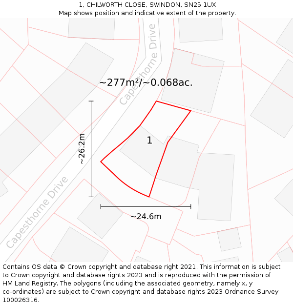 1, CHILWORTH CLOSE, SWINDON, SN25 1UX: Plot and title map