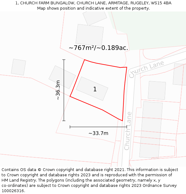 1, CHURCH FARM BUNGALOW, CHURCH LANE, ARMITAGE, RUGELEY, WS15 4BA: Plot and title map