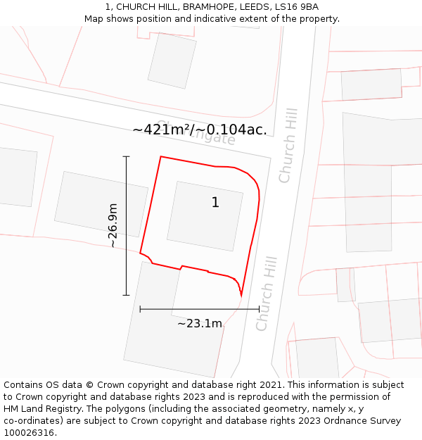 1, CHURCH HILL, BRAMHOPE, LEEDS, LS16 9BA: Plot and title map