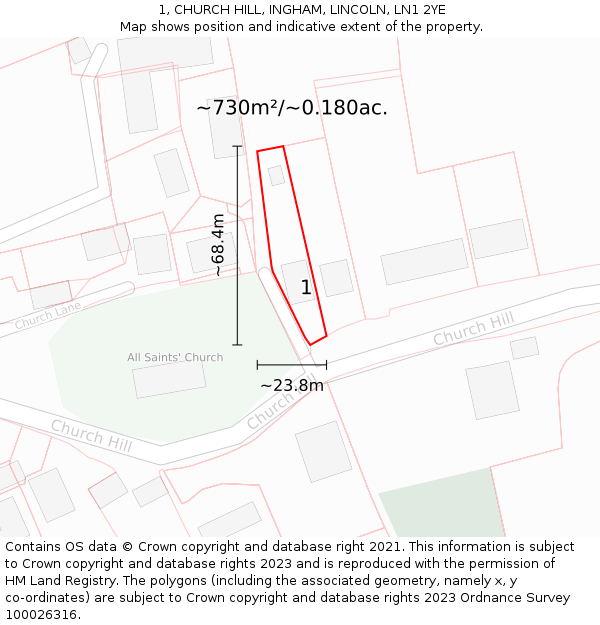 1, CHURCH HILL, INGHAM, LINCOLN, LN1 2YE: Plot and title map