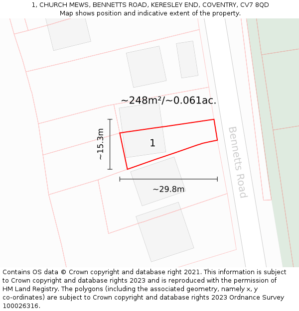 1, CHURCH MEWS, BENNETTS ROAD, KERESLEY END, COVENTRY, CV7 8QD: Plot and title map