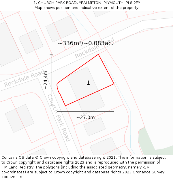 1, CHURCH PARK ROAD, YEALMPTON, PLYMOUTH, PL8 2EY: Plot and title map