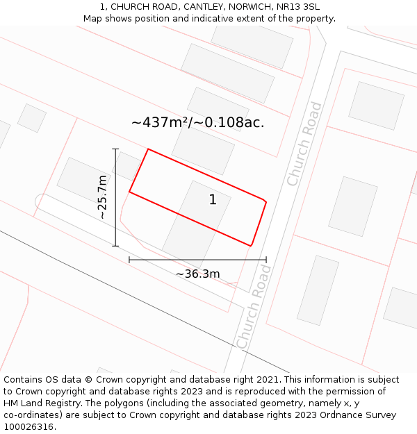 1, CHURCH ROAD, CANTLEY, NORWICH, NR13 3SL: Plot and title map