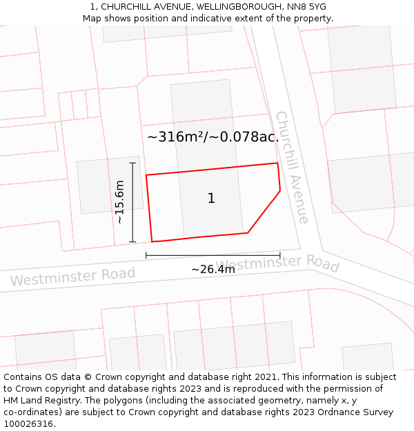 1, CHURCHILL AVENUE, WELLINGBOROUGH, NN8 5YG: Plot and title map