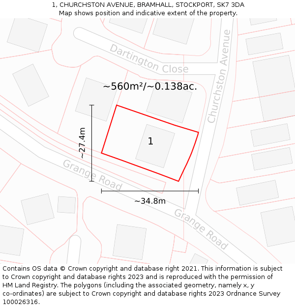 1, CHURCHSTON AVENUE, BRAMHALL, STOCKPORT, SK7 3DA: Plot and title map