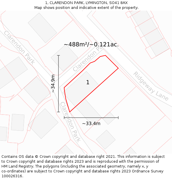 1, CLARENDON PARK, LYMINGTON, SO41 8AX: Plot and title map