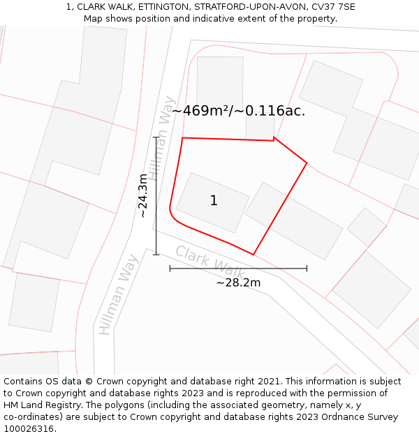 1, CLARK WALK, ETTINGTON, STRATFORD-UPON-AVON, CV37 7SE: Plot and title map