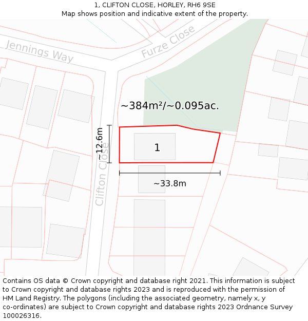 1, CLIFTON CLOSE, HORLEY, RH6 9SE: Plot and title map