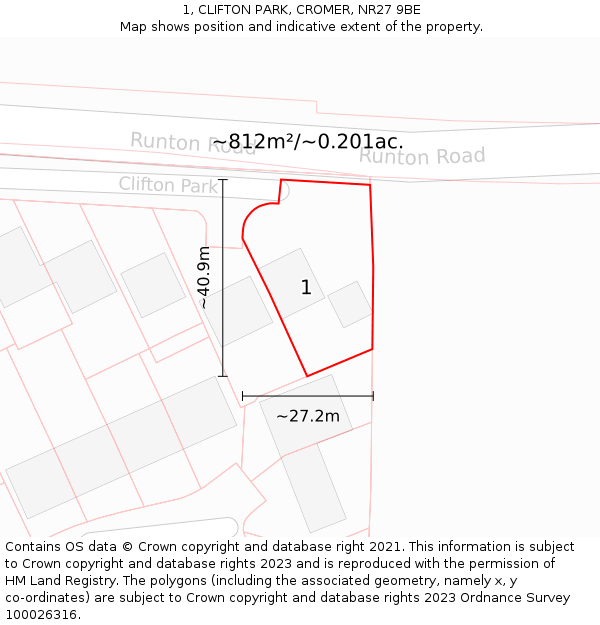 1, CLIFTON PARK, CROMER, NR27 9BE: Plot and title map