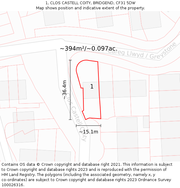 1, CLOS CASTELL COITY, BRIDGEND, CF31 5DW: Plot and title map