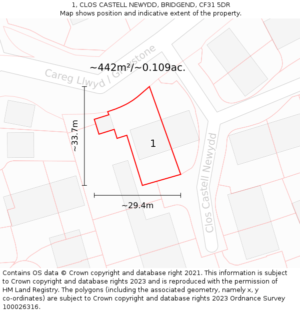 1, CLOS CASTELL NEWYDD, BRIDGEND, CF31 5DR: Plot and title map