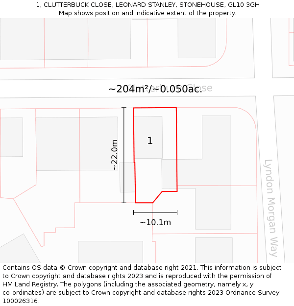 1, CLUTTERBUCK CLOSE, LEONARD STANLEY, STONEHOUSE, GL10 3GH: Plot and title map
