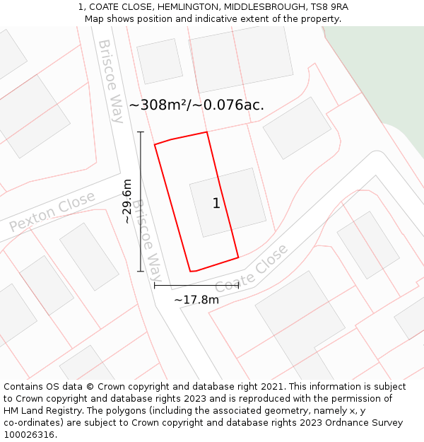 1, COATE CLOSE, HEMLINGTON, MIDDLESBROUGH, TS8 9RA: Plot and title map