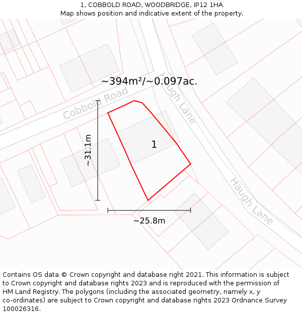 1, COBBOLD ROAD, WOODBRIDGE, IP12 1HA: Plot and title map