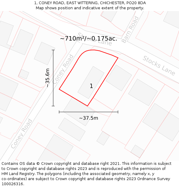 1, CONEY ROAD, EAST WITTERING, CHICHESTER, PO20 8DA: Plot and title map