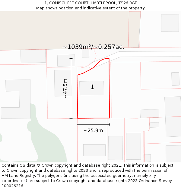 1, CONISCLIFFE COURT, HARTLEPOOL, TS26 0GB: Plot and title map