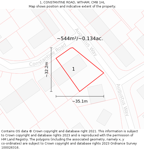 1, CONSTANTINE ROAD, WITHAM, CM8 1HL: Plot and title map