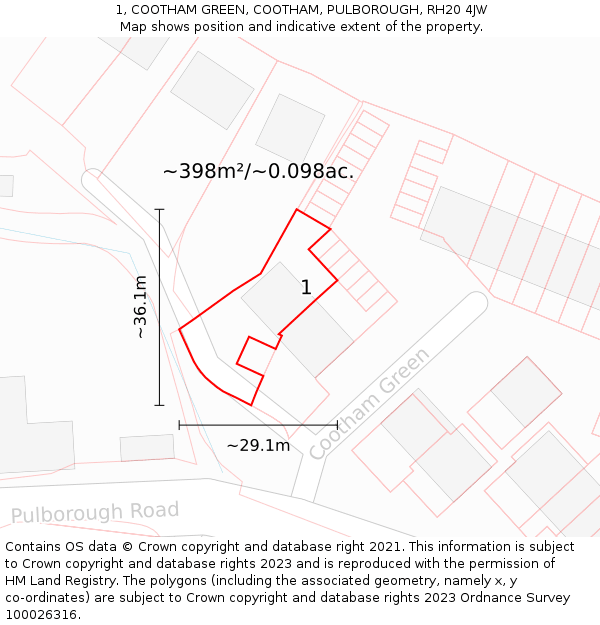 1, COOTHAM GREEN, COOTHAM, PULBOROUGH, RH20 4JW: Plot and title map