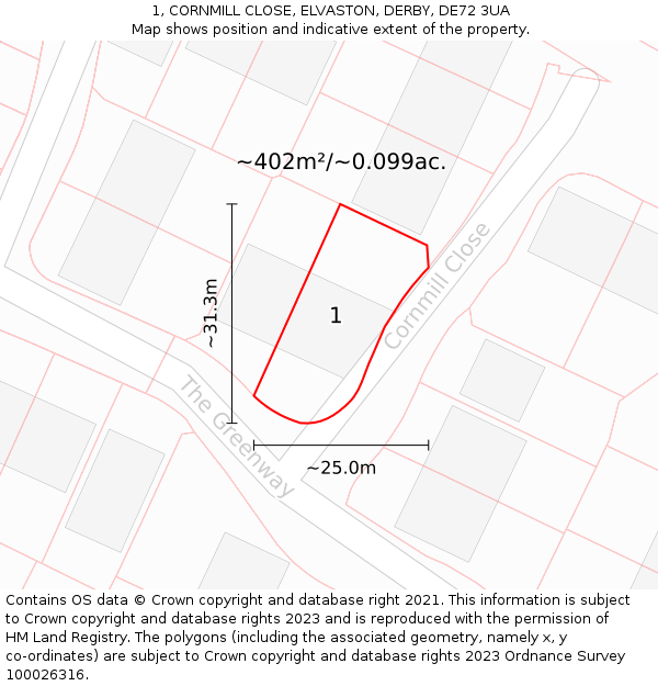 1, CORNMILL CLOSE, ELVASTON, DERBY, DE72 3UA: Plot and title map