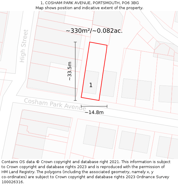 1, COSHAM PARK AVENUE, PORTSMOUTH, PO6 3BG: Plot and title map