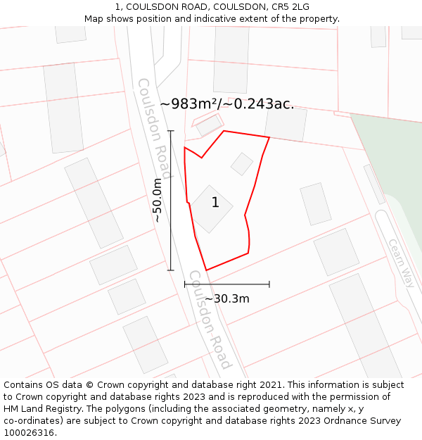 1, COULSDON ROAD, COULSDON, CR5 2LG: Plot and title map