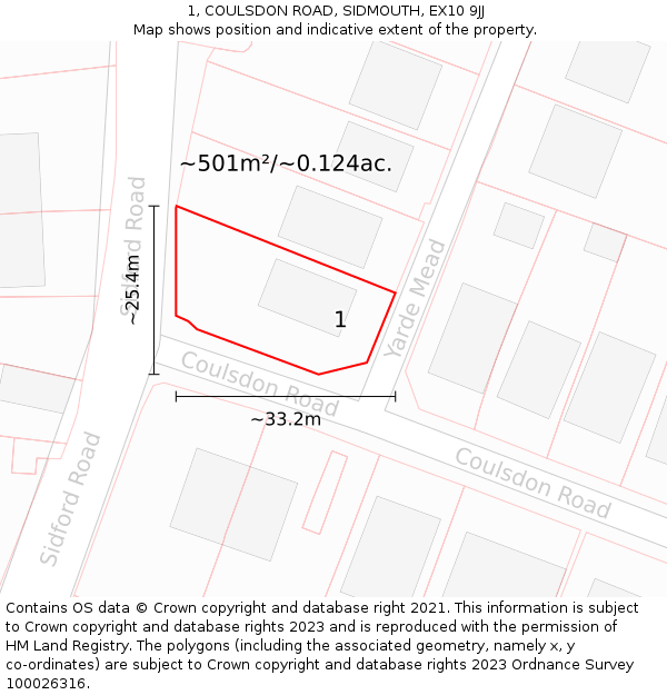 1, COULSDON ROAD, SIDMOUTH, EX10 9JJ: Plot and title map