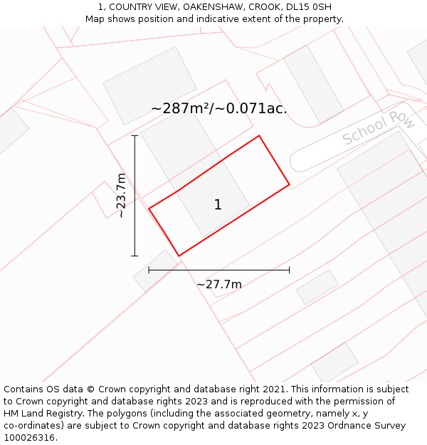 1, COUNTRY VIEW, OAKENSHAW, CROOK, DL15 0SH: Plot and title map