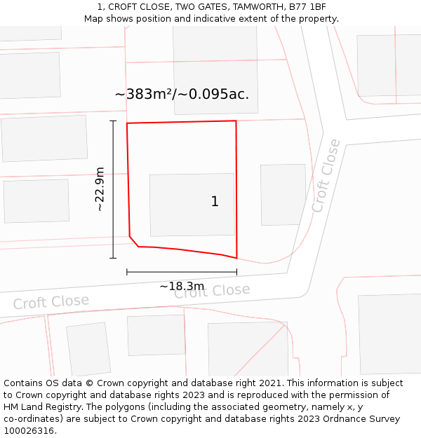 1, CROFT CLOSE, TWO GATES, TAMWORTH, B77 1BF: Plot and title map